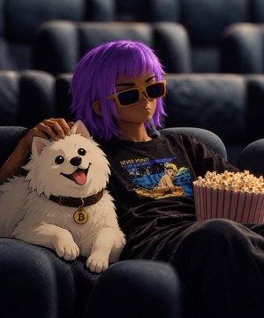 A 3D animated-style image of a girl with purple hair and sunglasses sitting in a movie theater, petting a smiling white dog wearing a Bitcoin tag, while holding popcorn.