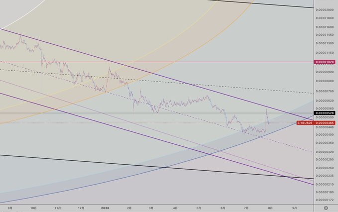 A complex financial price chart labeled 'SHIB/USD' showing various trend lines, support/resistance levels, and a generally downward price movement over time.
