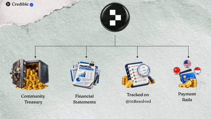 A diagram from 'Credible' showing four categories flowing from a central logo: Community Treasury (vault of coins), Financial Statements (documents), Tracked on @01Resolved (clipboard with magnifying glass), and Payment Rails (credit cards with country flags).
