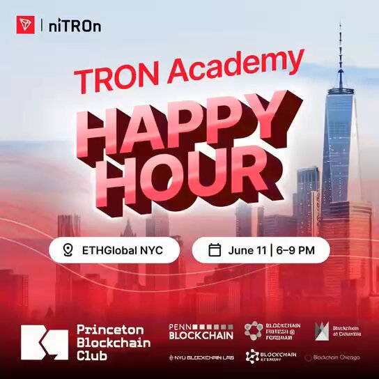 The image features a poster for a happy hour event, likely organized by Princeton Blockchain Club. The poster displays a city skyline with a skyscraper, indicating that the event might be held in New York City or another urban setting. The text on the poster reads "Happy Hour" and "Eighth Global NYC June 11-8pm", suggesting that this happy hour is scheduled for Saturday, June 11th at 8:00 pm.