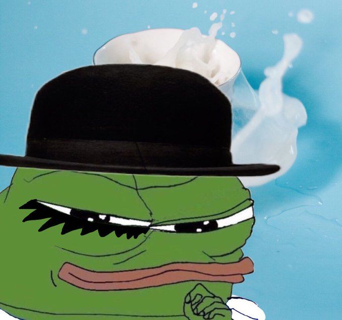 An illustration of a green Pepe the Frog character with a smug expression, wearing a black bowler hat, set against a light blue background.