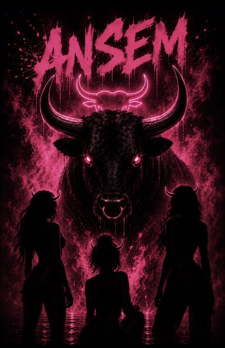A dark, stylized digital artwork with the word "ANSEM" in pink at the top, featuring a large horned bull with glowing pink eyes and three silhouetted female figures in the foreground.