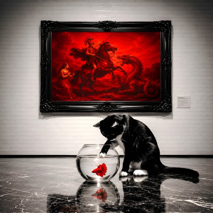 The image features a black cat sitting next to an aquarium with a goldfish inside, which appears to be eating something from the water. The background of the photo shows a painting hanging on the wall behind the cat and fish tank. The text "Hi, Good Morning, I am with you in the continuation of the new Collection" is present, suggesting that this image might be part of an ongoing series or collection related to cats and aquariums.