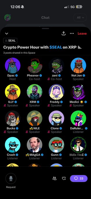 This image shows a Twitter Space titled "Crypto Power Hour with $SEAL on XRP" with 3 posts shared in the Space, featuring a panel of crypto enthusiasts including host 0pac, co-hosts Pheanorr and Zeni, and speakers like XRM, Freddy, Medici, ILY, NILΣ, and DaRuler, along with listeners including MaGGA, Gunn, and Bldn Tlm2. The space has 33 listeners and relates to the accompanying post about XRP ledger healing by showcasing an active XRP community discussion.