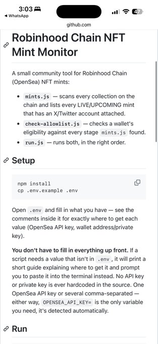 A mobile screenshot from github.com displaying documentation for a 'Robinhood Chain NFT Mint Monitor', a tool for tracking OpenSea NFT mints, with setup instructions and run commands.