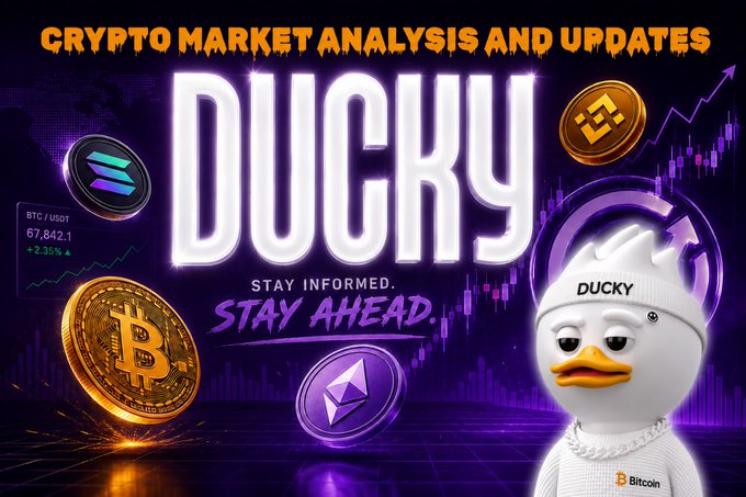 A promotional graphic for "DUCKY - Crypto Market Analysis and Updates" featuring a duck mascot in a Bitcoin beanie, alongside Bitcoin, Solana, and Ethereum coins, with a BTC/USDT price chart.