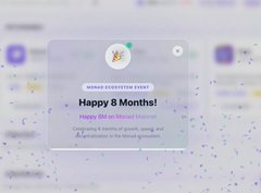 A celebratory card featuring a party popper icon reads 'MONO ECOSYSTEM EXPO - Happy 8 Months! Happy 8th to Manual Howard!' congratulating 8 months of growth.