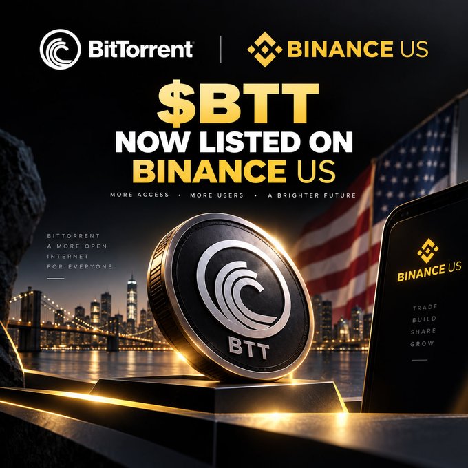 BitTorrent promotional poster announcing "$BTT NOW LISTED ON BINANCE US" featuring a BTT coin, phone displaying the Binance US app, and an American flag with NYC skyline background.