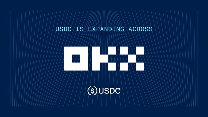 The image features a navy blue background with the text "USDC IS EXPANDING ACROSS" in light blue, followed by the large white OKX logo, and the USDC branding at the bottom, announcing the expansion of USDC stablecoin trading options on the OKX platform across spot, margin, and futures markets.