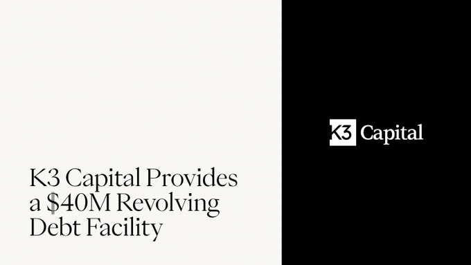 A corporate slide with a black and white split background displays the K3 Capital logo and text reading 'K3 Capital Provides a $40M Revolving Debt Facility'.