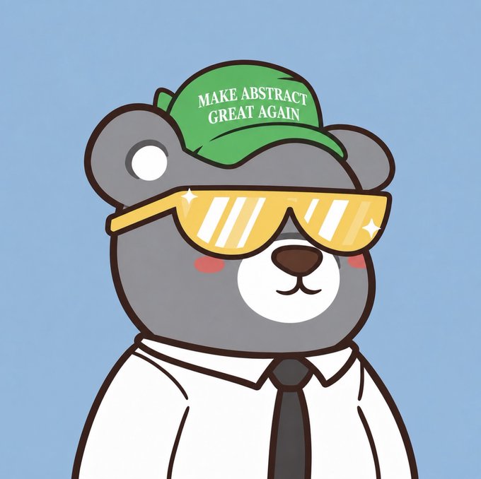 A cartoon illustration of a gray bear wearing yellow sunglasses and a green cap that reads 'MAKE ABSTRACT GREAT AGAIN,' dressed in a white shirt and black tie.