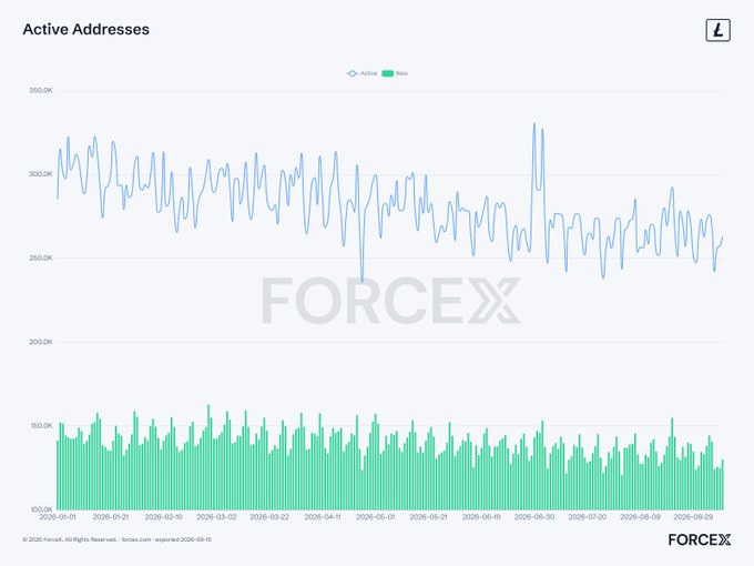 A line and bar chart titled 'Active Addresses' from 'FORCEX' displays crypto metrics for 2026-05-01 through 2026-08-09, with the watermark 'FORCEX' visible.