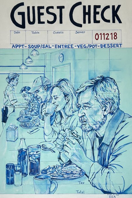 A blue-toned illustration titled 'GUEST CHECK' depicting five people sitting at a diner counter eating, with the number '011218' and labels including 'APPT-SOUP/SAL-ENTREE-VEG/POT-DESSERT' visible at the top.