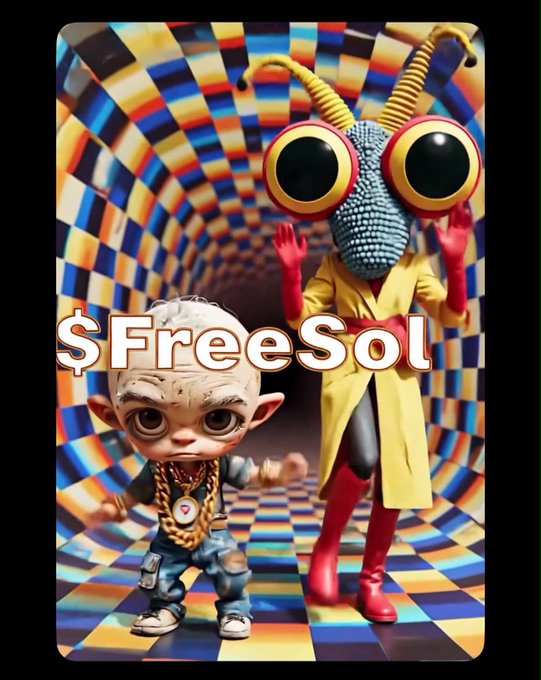 A 3D-style image features a small character with chains and a large insect-like figure with big yellow eyes in a yellow coat, set against a colorful checkered tunnel background, with '$FreeSol' text overlaid.