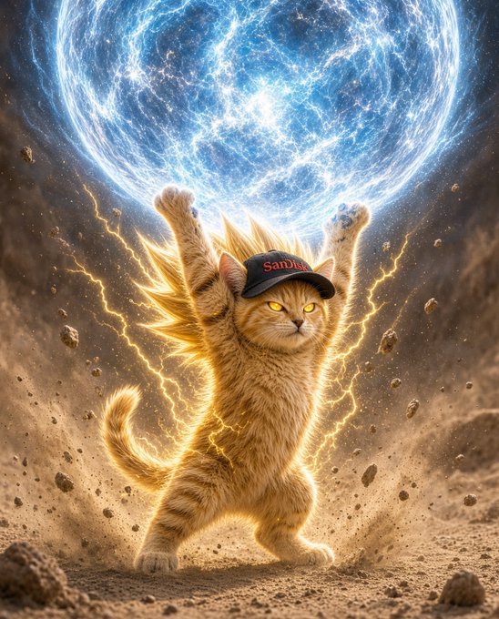 An AI-generated image depicts an orange tabby cat wearing a 'SanDisk' cap, surrounded by golden lightning bolts, standing on its hind legs beneath a glowing blue energy sphere.