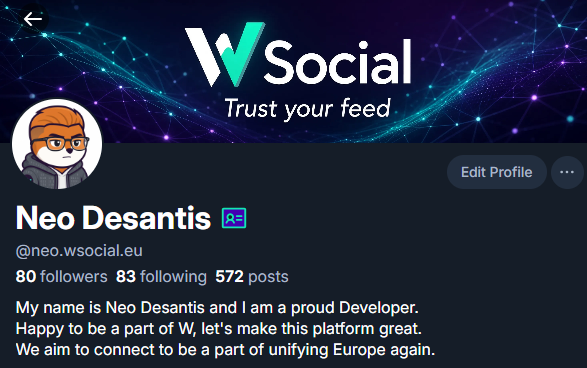 A social media profile screenshot for 'Neo Desantis' (@neo.wsocial.eu) on the W Social platform, featuring an avatar of a person with orange hair and glasses, with the tagline 'Trust your feed' and a bio expressing developer pride and support for unifying Europe.