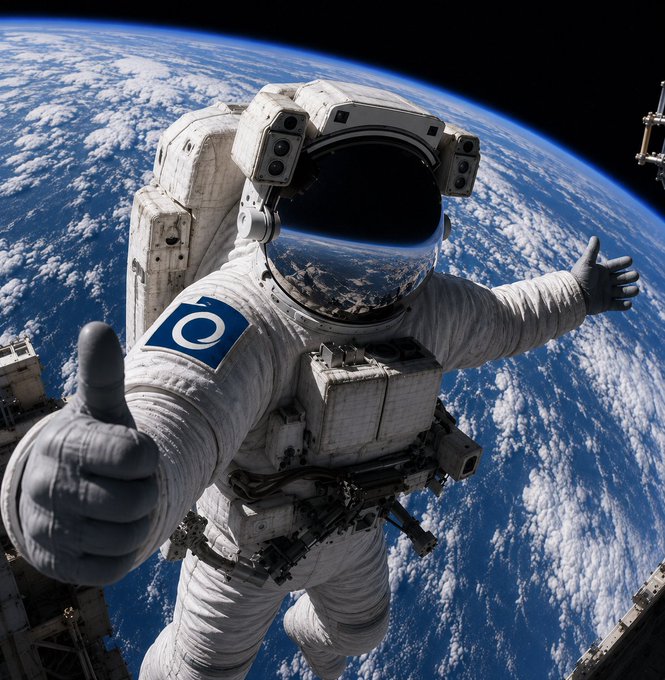 An astronaut in a white spacesuit giving a thumbs-up while floating above Earth, with a blue 'O' logo patch on the shoulder.