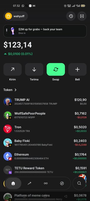 A cryptocurrency wallet app shows a balance of $123.14 with a list of meme tokens including TRUMP AI ($120.90), WolfSafePoorPeople ($0.7162), Tron ($0.5020), and Baby Floki ($0.2403).