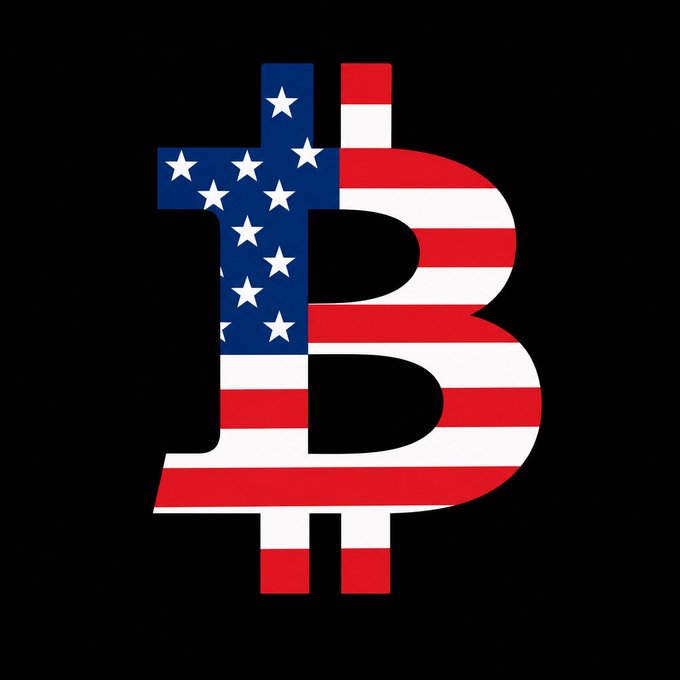 The image shows a stylized Bitcoin "₿" logo filled with the American flag's stars and stripes design, set against a black background. The patriotic cryptocurrency symbol visually reinforces the post's message that Bitcoin has become emblematic of the American dream, blending national identity with digital finance.