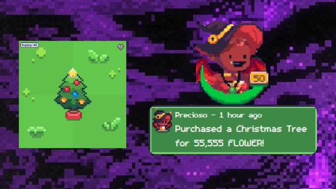 A pixel art notification shows a user named 'Precioso' purchased a Christmas Tree for 55,555 FLOWER currency in what appears to be a game interface.
