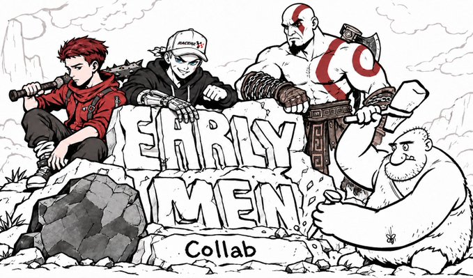Black and white line art illustration showing various stylized male characters around text that reads 'EARLY MEN Collab'.