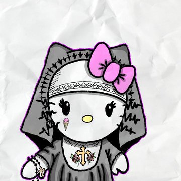 The image shows a Hello Kitty-style character dressed as a nun in a black and white habit with a pink bow, styled in a gothic aesthetic reminiscent of the PUNX NFT collection. The dark, edgy cartoon fits the post's theme of PUNX holders unlocking 1/1 custom artwork creations, suggesting this could be an example of a bespoke design made for a holder.