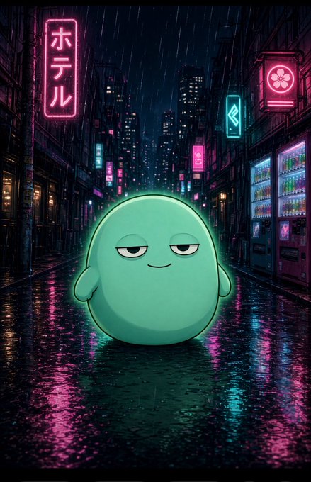 An animated teal blob-like character with half-closed eyes standing on a wet street in a cyberpunk-style city with neon signs, including Japanese text reading 'ホテル' (Hotel), glowing in the rain.