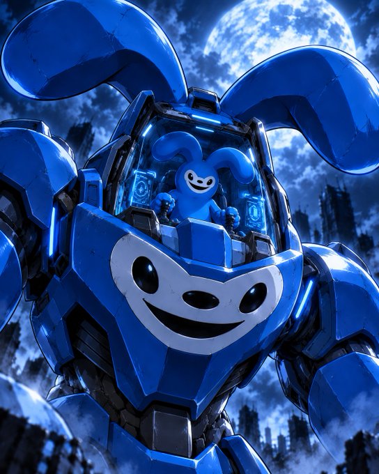 A blue, rabbit-themed mecha robot with Suica the rabbit piloting it in the cockpit, set against a full moon cityscape that visually reinforces the "Suica" brand and SUI token launch promotion.