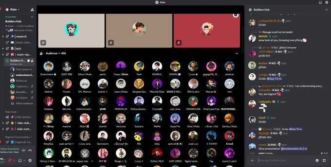 A Discord application interface showing the 'Riaa' server in 'Builders Hub' with a voice channel displaying 436 audience members and various text conversations on the right.