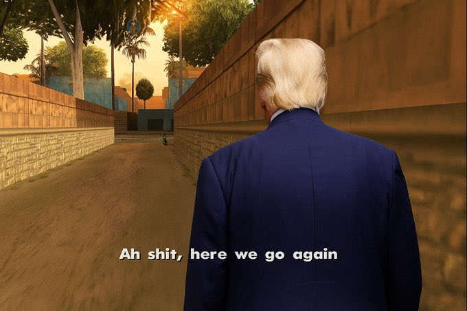 A video game character resembling Donald Trump in a blue suit walking down an alley, with the famous subtitle 'Ah shit, here we go again' displayed on screen.