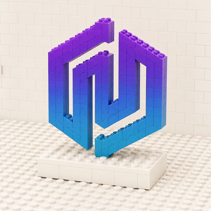 A gradient blue-to-purple LEGO sculpture of the GM (formerly Gnosis Chain) logo displayed on a white baseplate. The image visually represents the post's "building the future, brick by brick" message, with the LEGO-style construction mirroring the builder-themed celebration of the GM token and its community.
