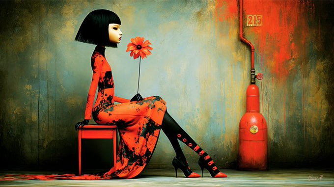 A stylized digital artwork of a woman with a black bob haircut wearing a red floral dress, sitting on a red stool and holding a red flower, with a red gas cylinder in the background.
