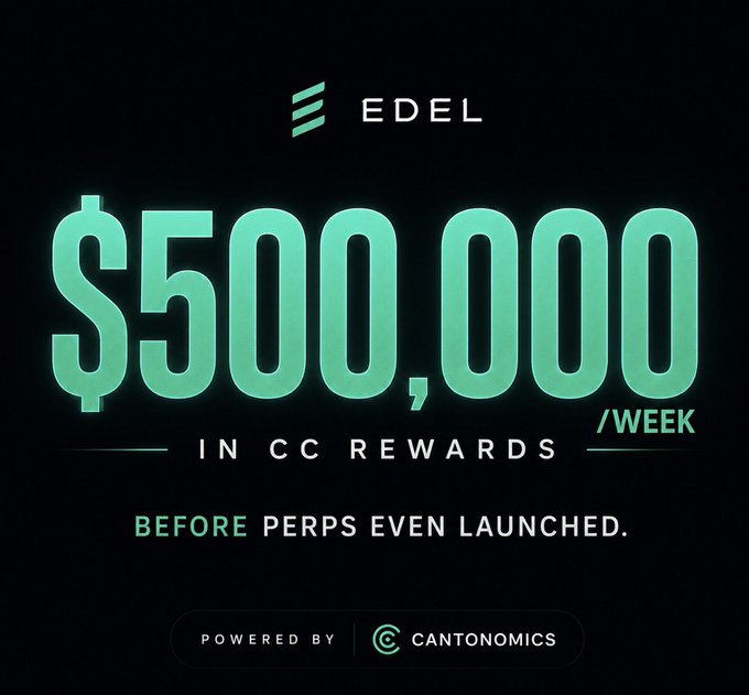 Promotional graphic for EDEL announcing '$500,000 IN CC REWARDS /WEEK BEFORE PERPS EVEN LAUNCHED,' powered by Cantonomics.