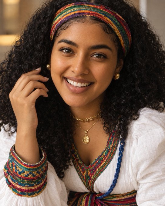 A smiling young woman with curly hair wears a colorful striped headband and matching embroidered white top, accessorized with gold jewelry including a pendant necklace and earrings.