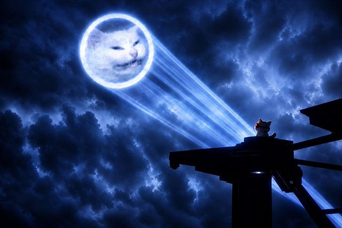 A surreal nighttime scene featuring a smiling cat's face within a glowing blue moon, beaming a light toward a small cat perched on a rooftop structure.