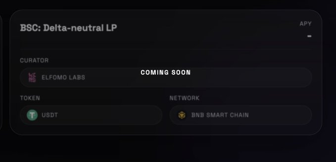 A dark interface displays 'BSC: Delta-neutral LP' with 'COMING SOON' in the center, curated by ELFOMO LABS, using USDT on the BNB SMART CHAIN network.