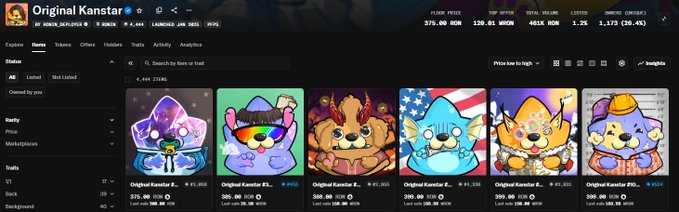 An NFT marketplace page for the 'Original Kanstar' collection showing various Kanstar character NFTs with floor prices listed around 0.13 MON.