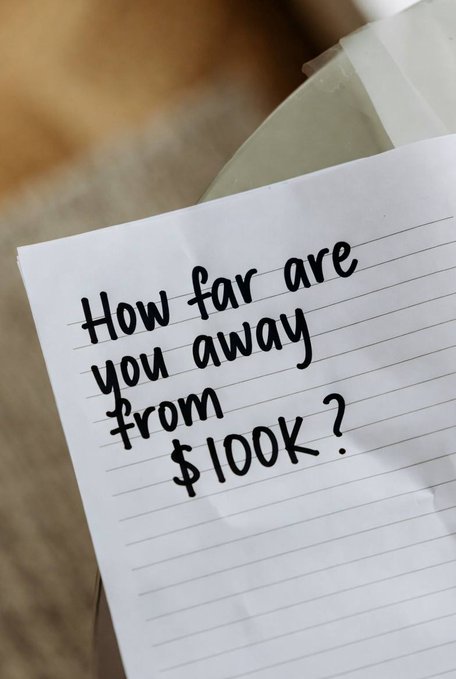 A handwritten note on lined paper reads 'How far are you away from $100K?'