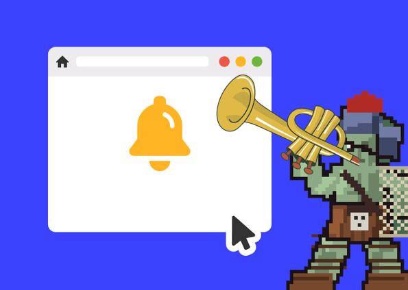A pixel-art zombie character wearing a red cap plays a golden trumpet in front of a browser window showing a yellow bell notification icon, all set against a blue background.