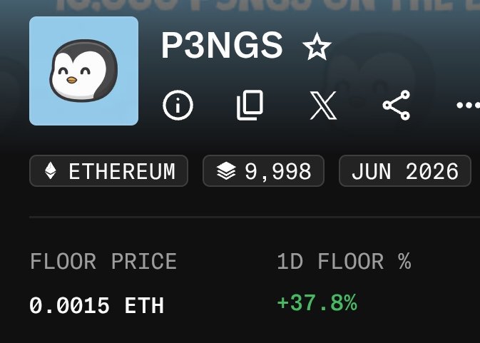 A mobile app screen showing the P3NGS NFT collection on Ethereum with a floor price of 0.0015 ETH and a +37.8% 1-day floor change.