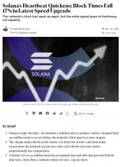 A screenshot of a Bloomberg article headlined 'Solana's Heartbeat Quickens: Block Times Fall 17% in Latest Speed Upgrade' from June 15, 2024, featuring the Solana logo and a performance graph.