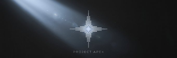 A dark, cinematic image featuring a glowing geometric cross/star symbol made of illuminated dots with a beam of light shining from the upper left, and the text 'PROJECT APEX' at the bottom.