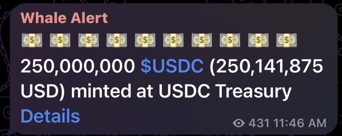 The image is a screenshot from an iPhone's alert window for a monetary transaction. The message appears to be a text message or social media notification, possibly from a social networking app like Facebook Messenger. It reads, "Whale Alert: another $250m issued on @solana". The notification implies that someone has successfully completed this transaction or payment.