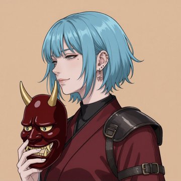 An anime-style character with short blue hair and multiple ear piercings holds a red horned demon mask while wearing a maroon outfit with black leather straps.