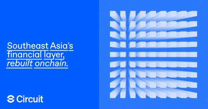 The image features a blue square with white squares arranged in a grid pattern, which appears to be a 3D rendering of a building or structure. The background color of the image is blue, while the white squares are positioned at regular intervals across the frame. The text "Southeast Asia's financial layer, rebuilt onchain." is written above and below the square, providing context for the visual content.