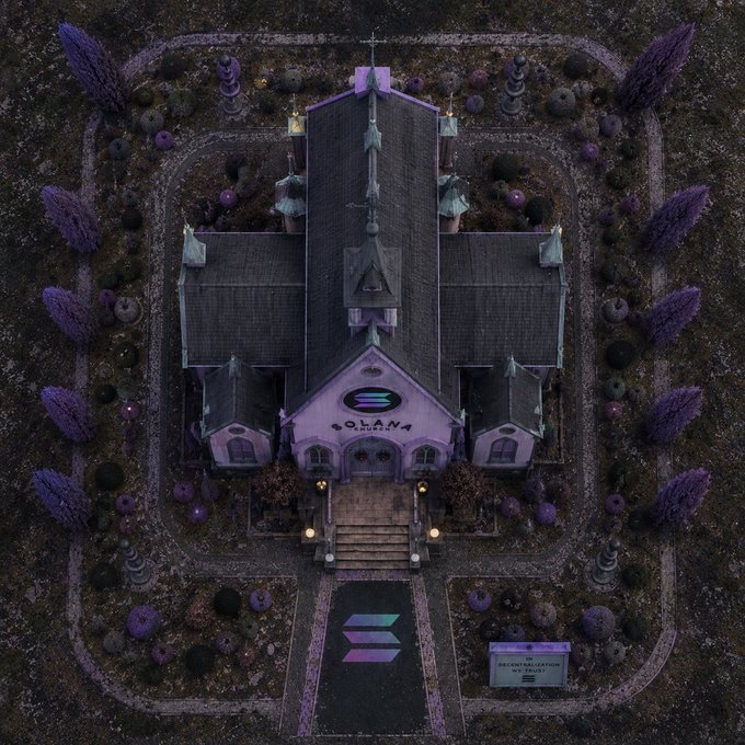 Aerial view of a gray-roofed church labeled 'SOLANA' surrounded by purple-hued trees and Symlogos branding.