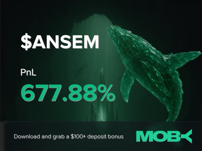 A promotional graphic for Moby Mobile features a green whale illustration against a dark underwater backdrop, highlighting "$ANSEM" with a PnL of "677.88%" in bold green text, along with a "$100+ deposit bonus" offer, illustrating the trader's significant gain mentioned in the post.