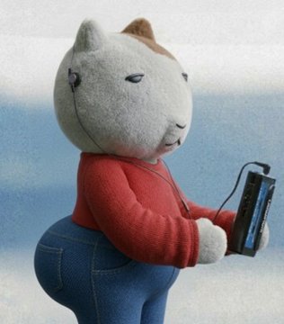 A 3D-rendered white cat character with a brown ear spot, wearing a red sweater and blue jeans, holds a portable gaming device against a cloudy sky background.