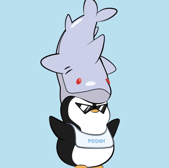A cartoon illustration of a penguin wearing sunglasses and a tank top labeled "PUDGY," with a light purple rabbit-like creature sitting on its head.
