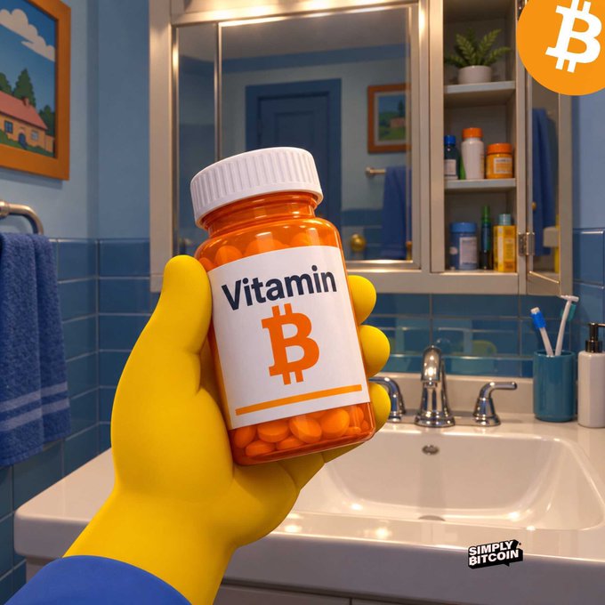 A yellow rubber-gloved hand holds an orange pill bottle labeled 'Vitamin ₿' in a bathroom setting, branded with 'SIMPLY BITCOIN' and a Bitcoin logo.